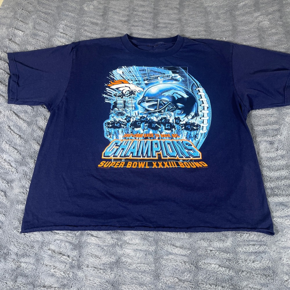 Vintage 1999 Denver Broncos Super Bowl XXXIII Bound T-Shirt Navy Blue Cropped XL